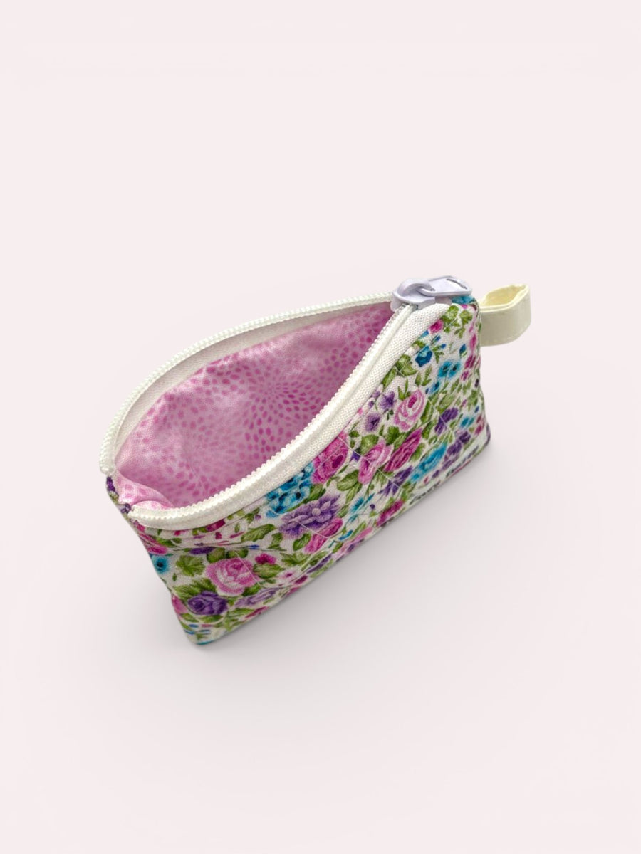 Blossom Trio quilted wallet, open, showing inside lining — handmade by The Cozy Daisy