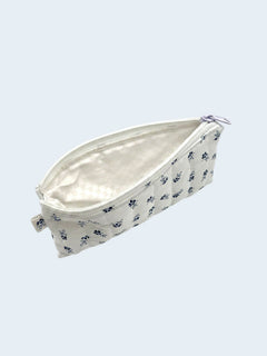 Blue Daisy pencil and glasses case, open, showing inside lining — handmade by The Cozy Daisy