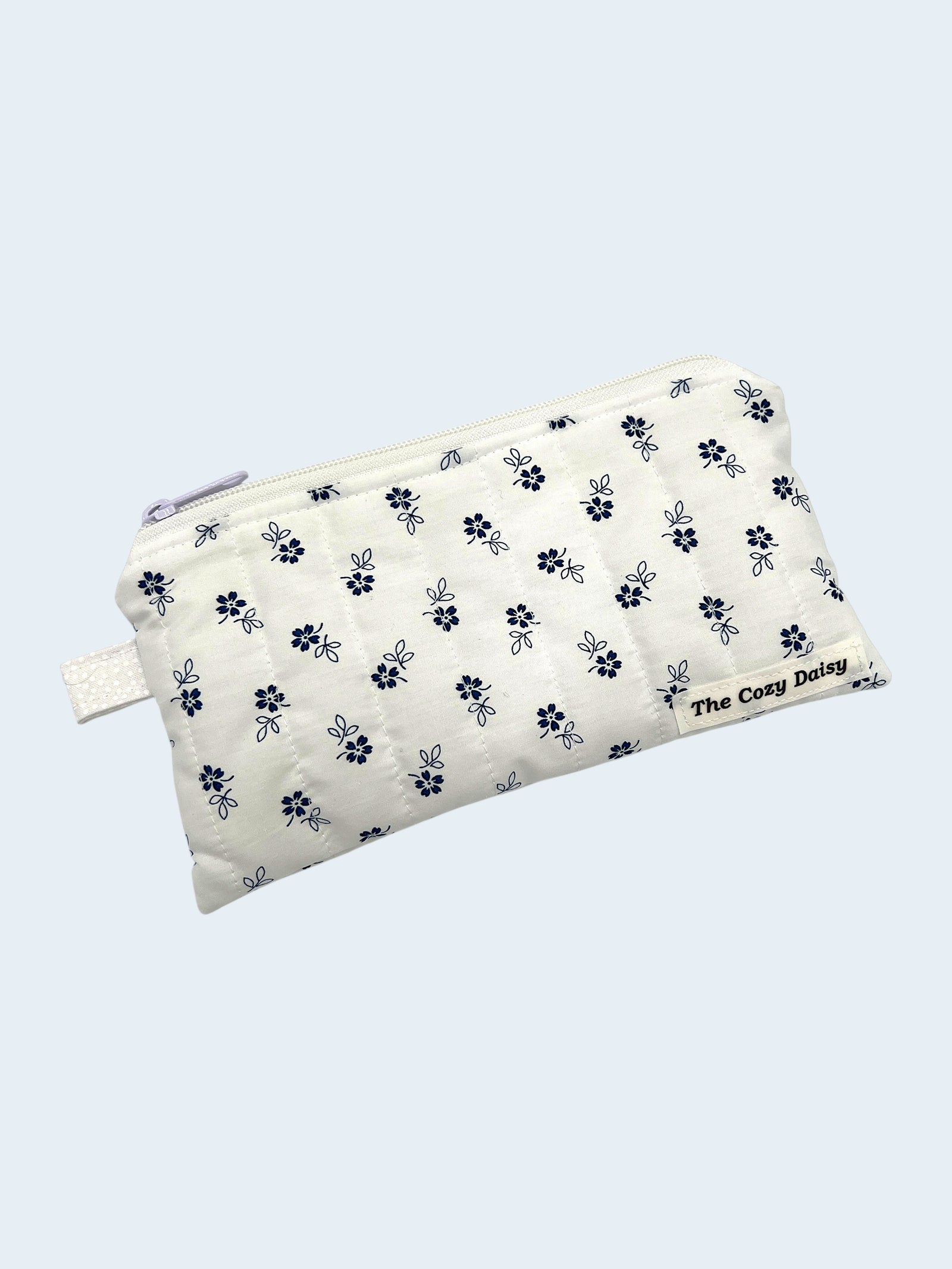 Blue Daisy pencil and glasses case, outside view — handmade by The Cozy Daisy
