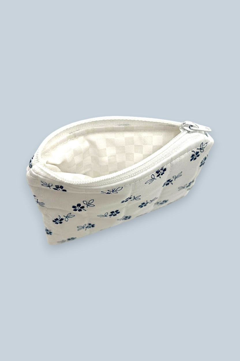 Blue Daisy quilted wallet, open, showing inside lining — handmade by The Cozy Daisy