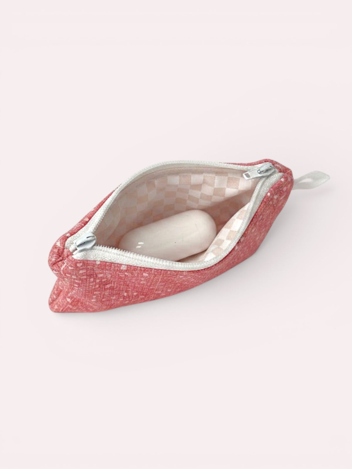 Blush Dot quilted wallet, open, showing inside lining — handmade by The Cozy Daisy