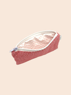 Peach White Dots pencil and glasses case, open, showing inside lining — handmade by The Cozy Daisy