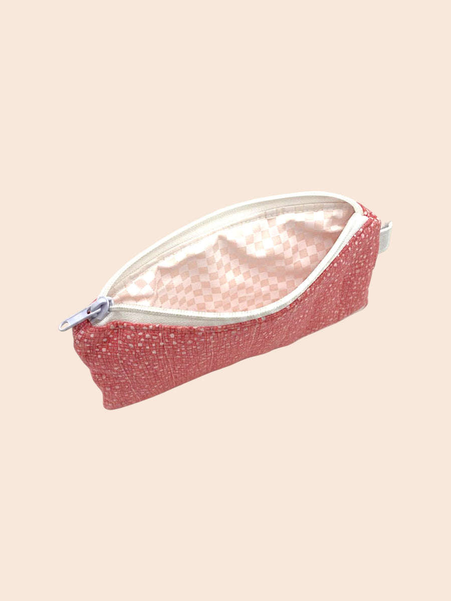 Peach White Dots pencil and glasses case, open, showing inside lining — handmade by The Cozy Daisy