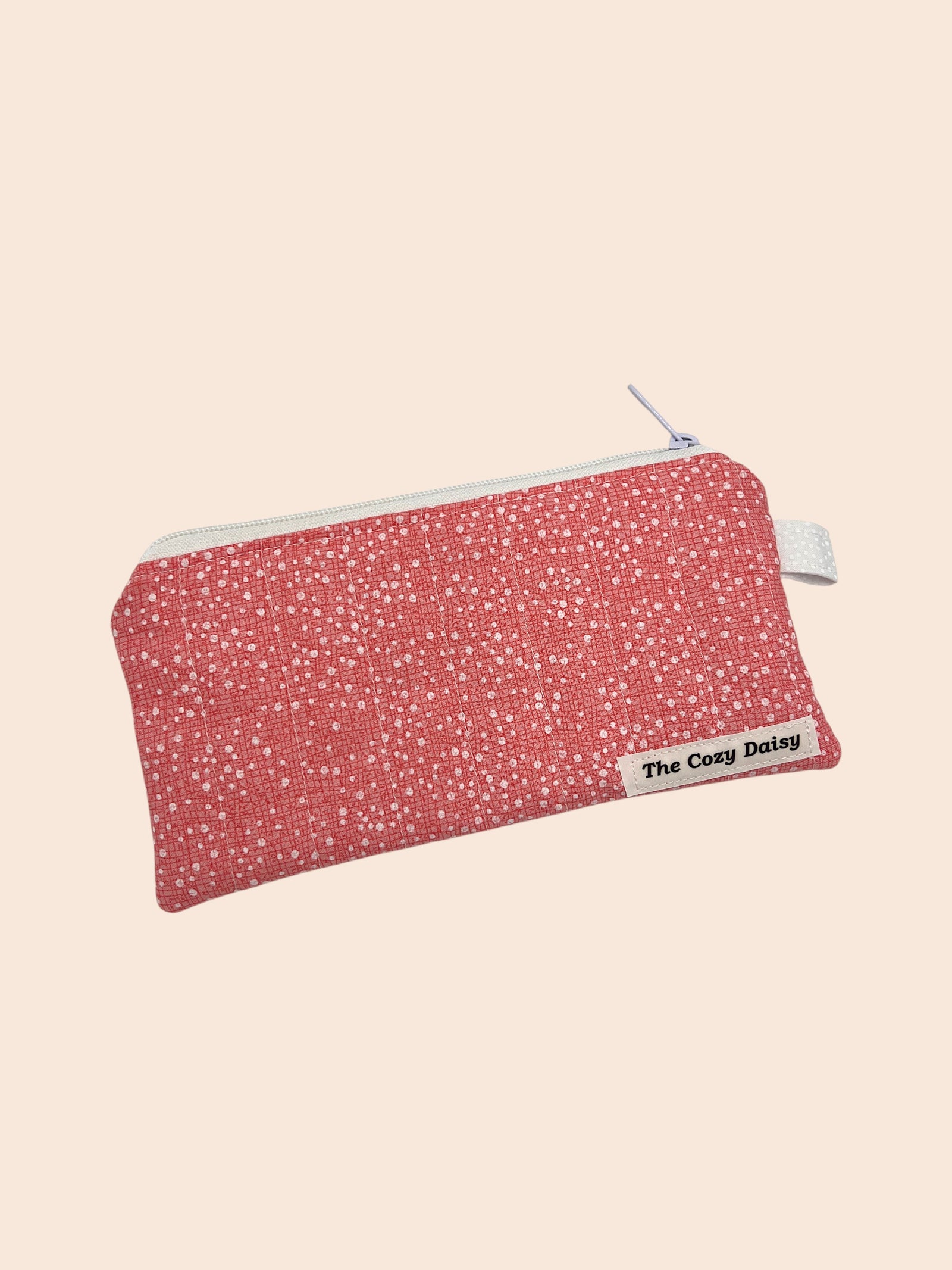 Peach White Dots pencil and glasses case, outside view — handmade by The Cozy Daisy