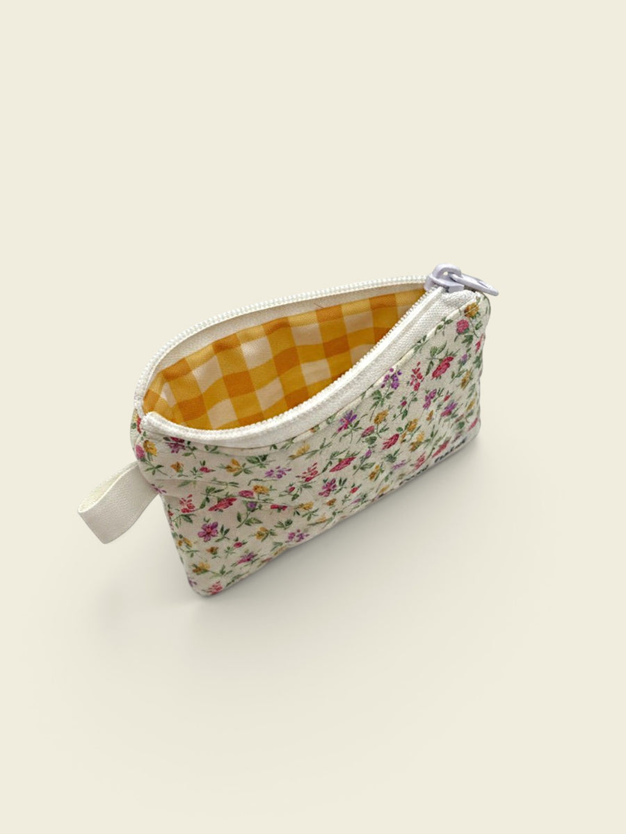 Cottage Garden quilted wallet, open, showing inside lining — handmade by The Cozy Daisy