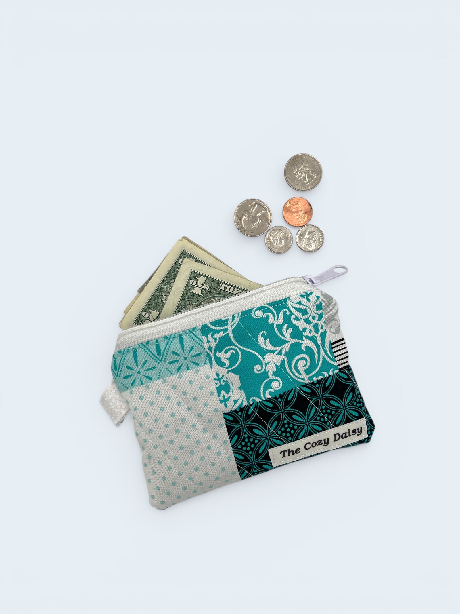 Deep Teal quilted wallet, outside view — handmade by The Cozy Daisy