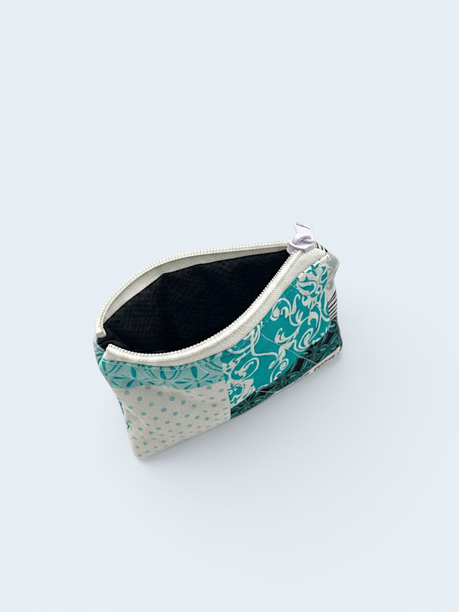 Deep Teal quilted wallet, open, showing inside lining — handmade by The Cozy Daisy