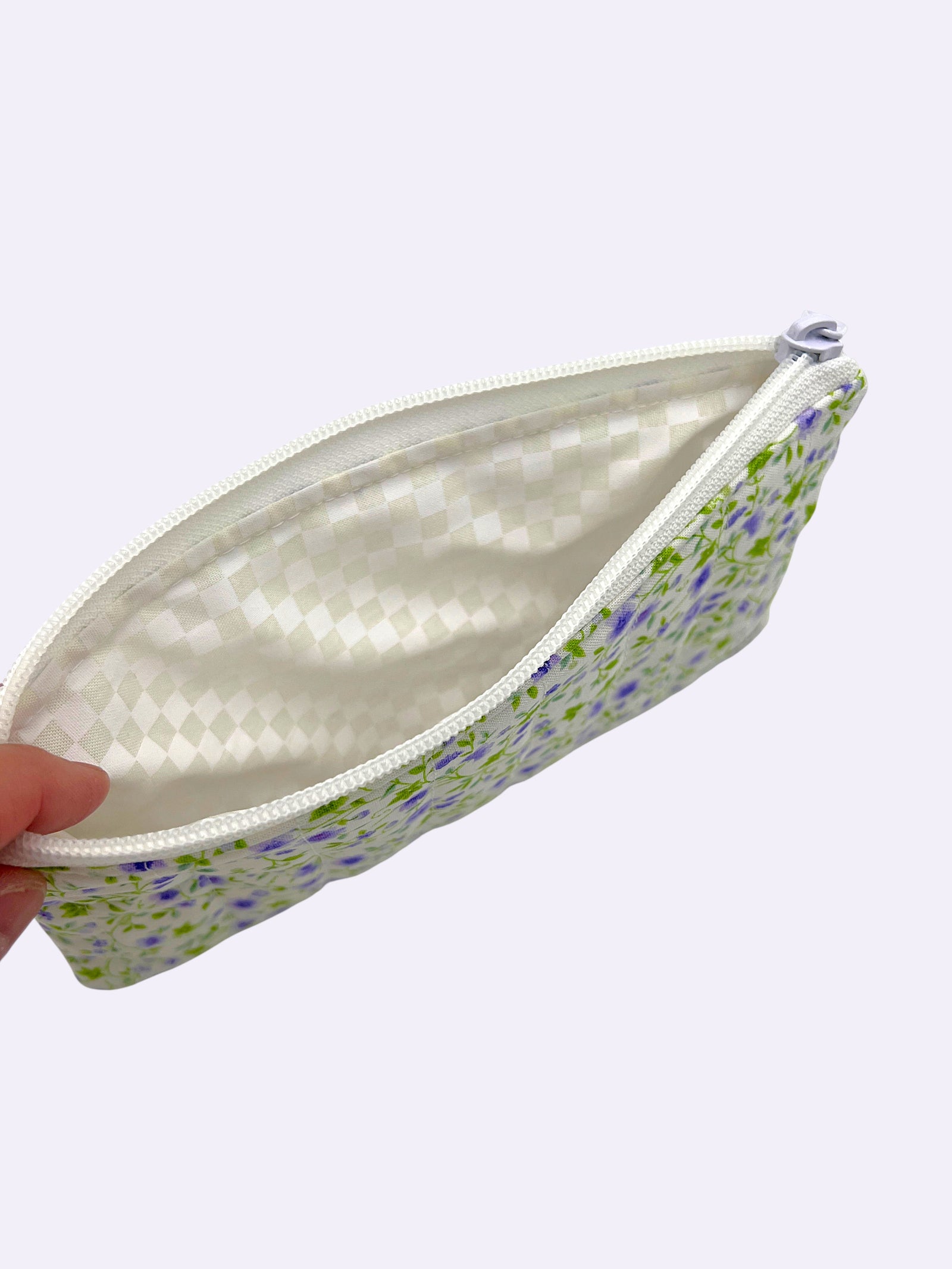 Lavender Trails pencil and glasses case, open, showing inside lining — handmade by The Cozy Daisy