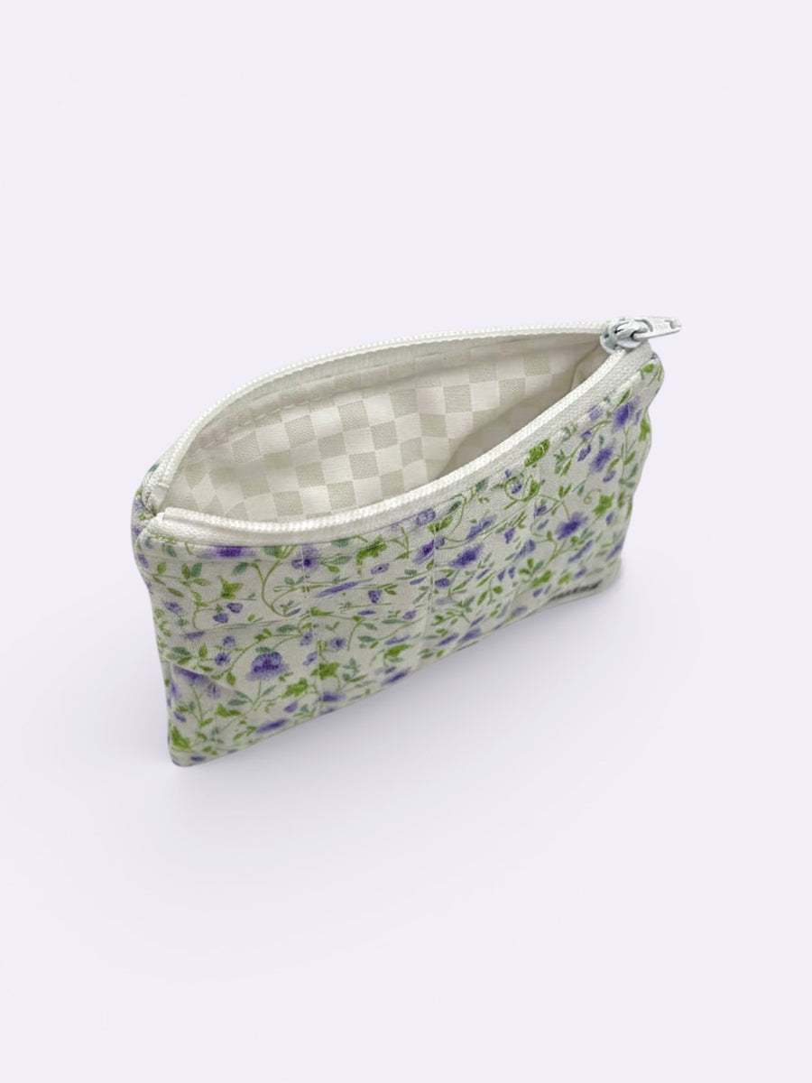 Lavender Trails quilted wallet, open, showing inside lining — handmade by The Cozy Daisy