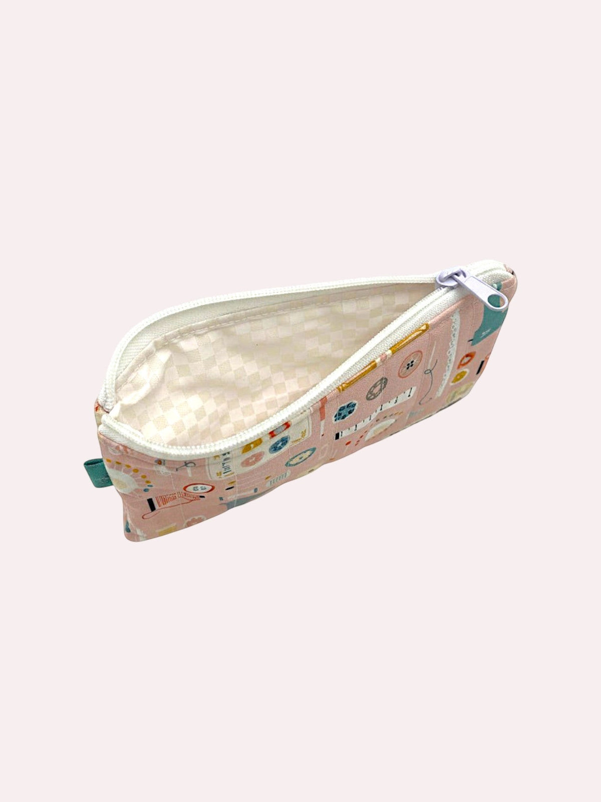 Notions pencil and glasses case, open, showing inside lining — handmade by The Cozy Daisy