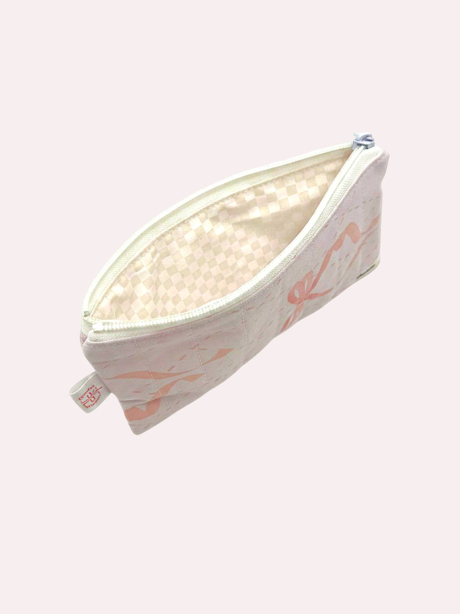 Pale Pink Ribbons pencil and glasses case, open, showing inside lining — handmade by The Cozy Daisy