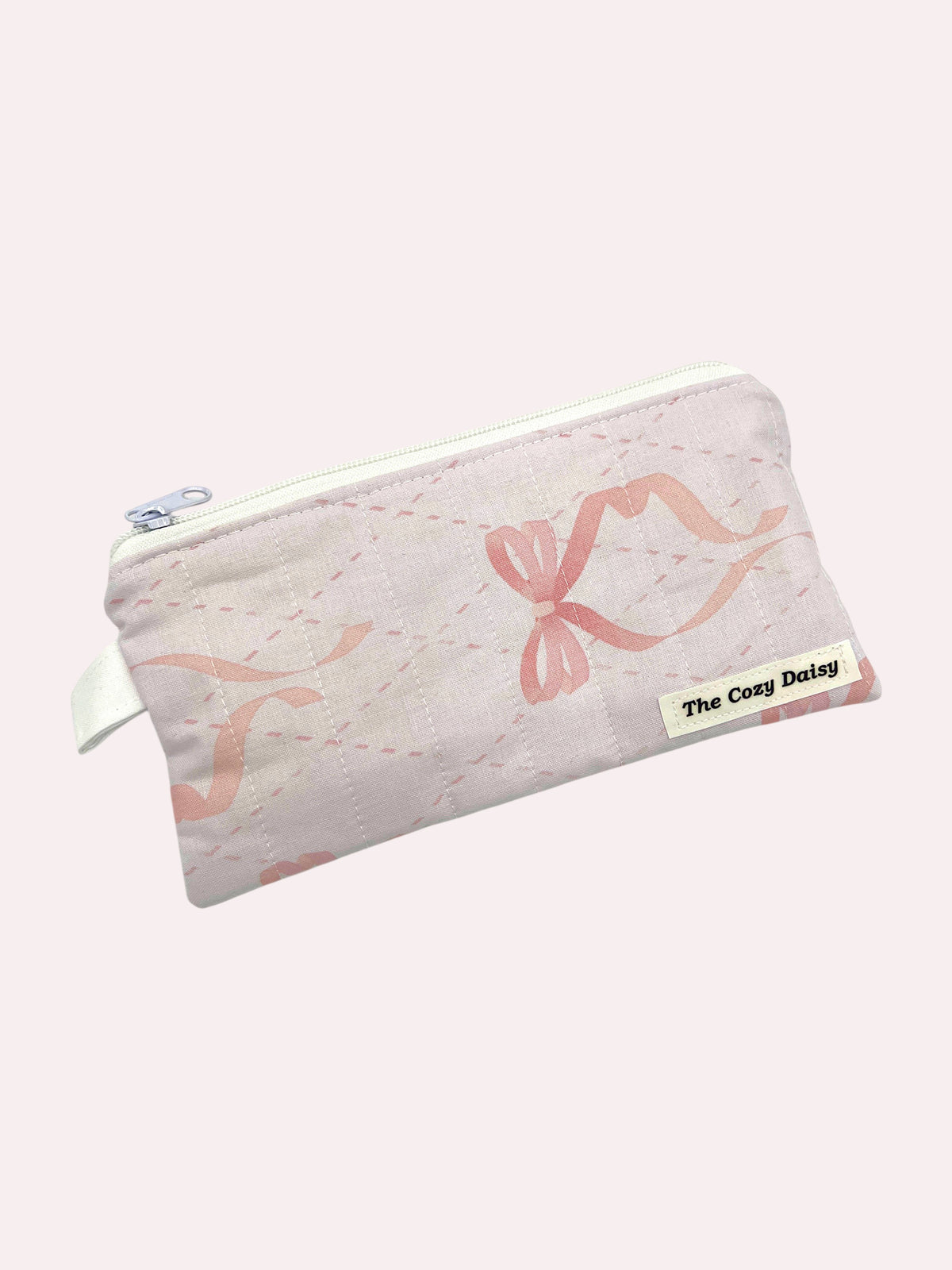 Pale Pink Ribbons pencil and glasses case, outside view — handmade by The Cozy Daisy