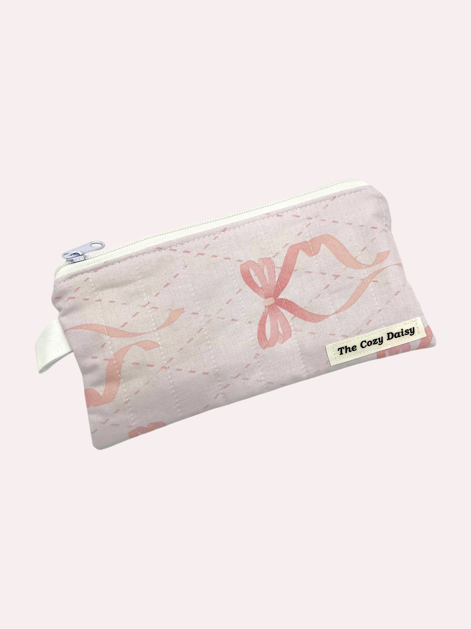 Pale Pink Ribbons pencil and glasses case, outside view — handmade by The Cozy Daisy
