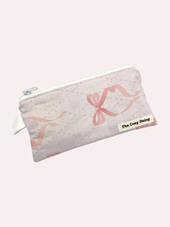Pale Pink Ribbons pencil and glasses case, outside view — handmade by The Cozy Daisy