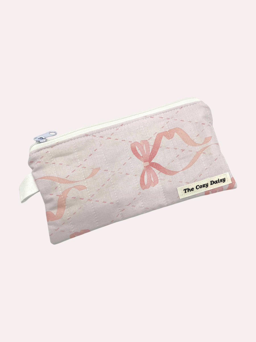 Pale Pink Ribbons pencil and glasses case, outside view — handmade by The Cozy Daisy