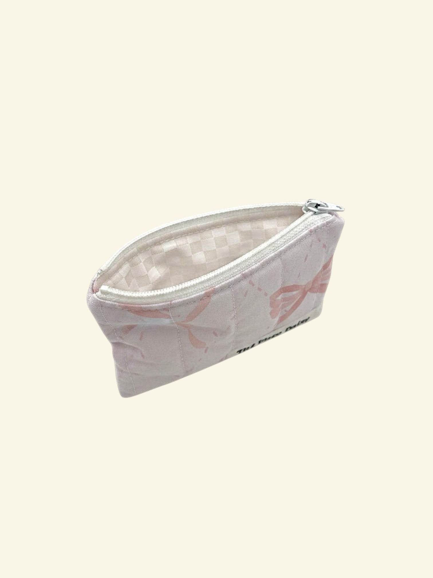 Pale Pink Ribbons quilted wallet, open, showing inside lining — handmade by The Cozy Daisy