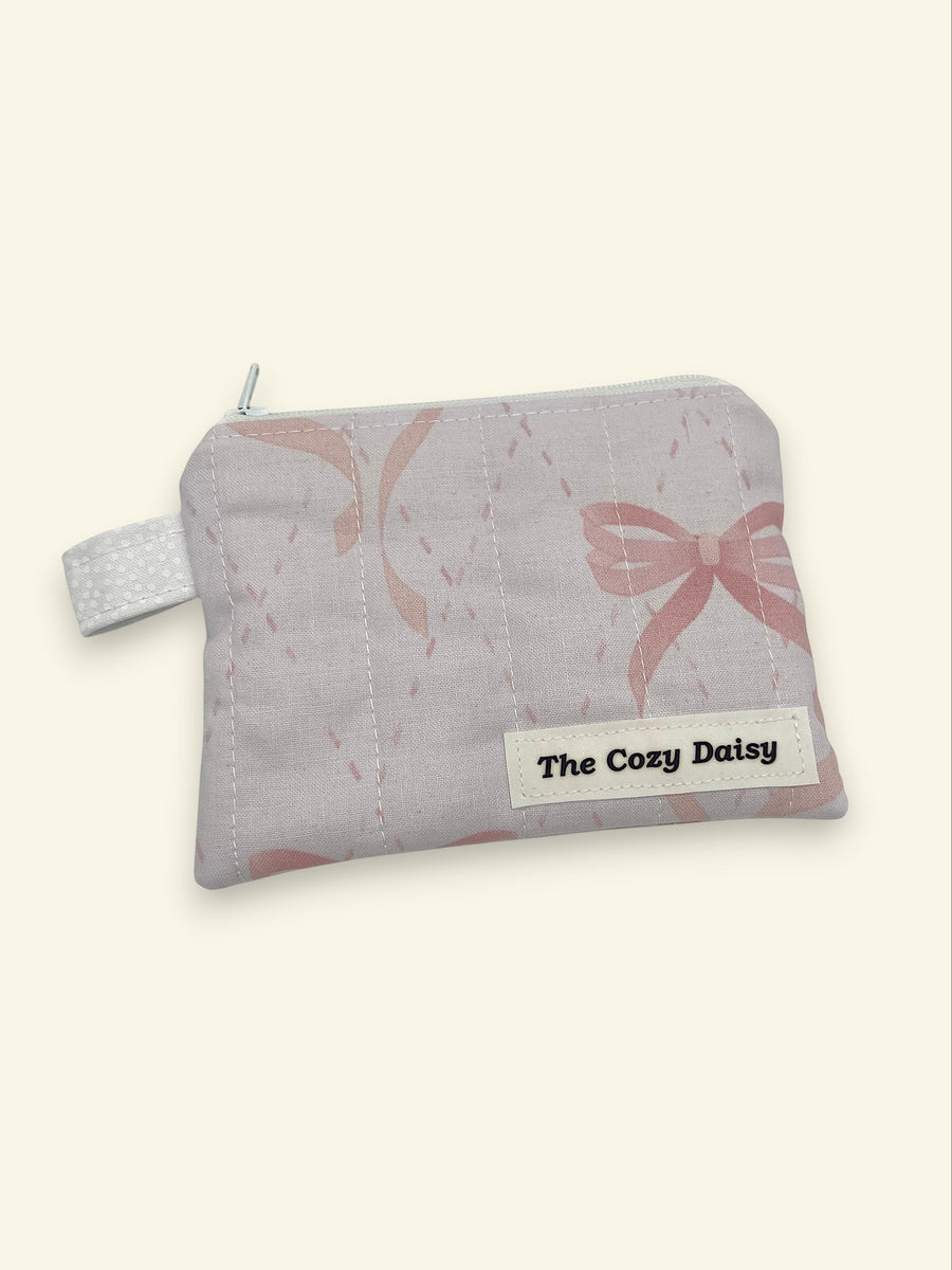 Pale Pink Ribbons quilted wallet, outside view — handmade by The Cozy Daisy