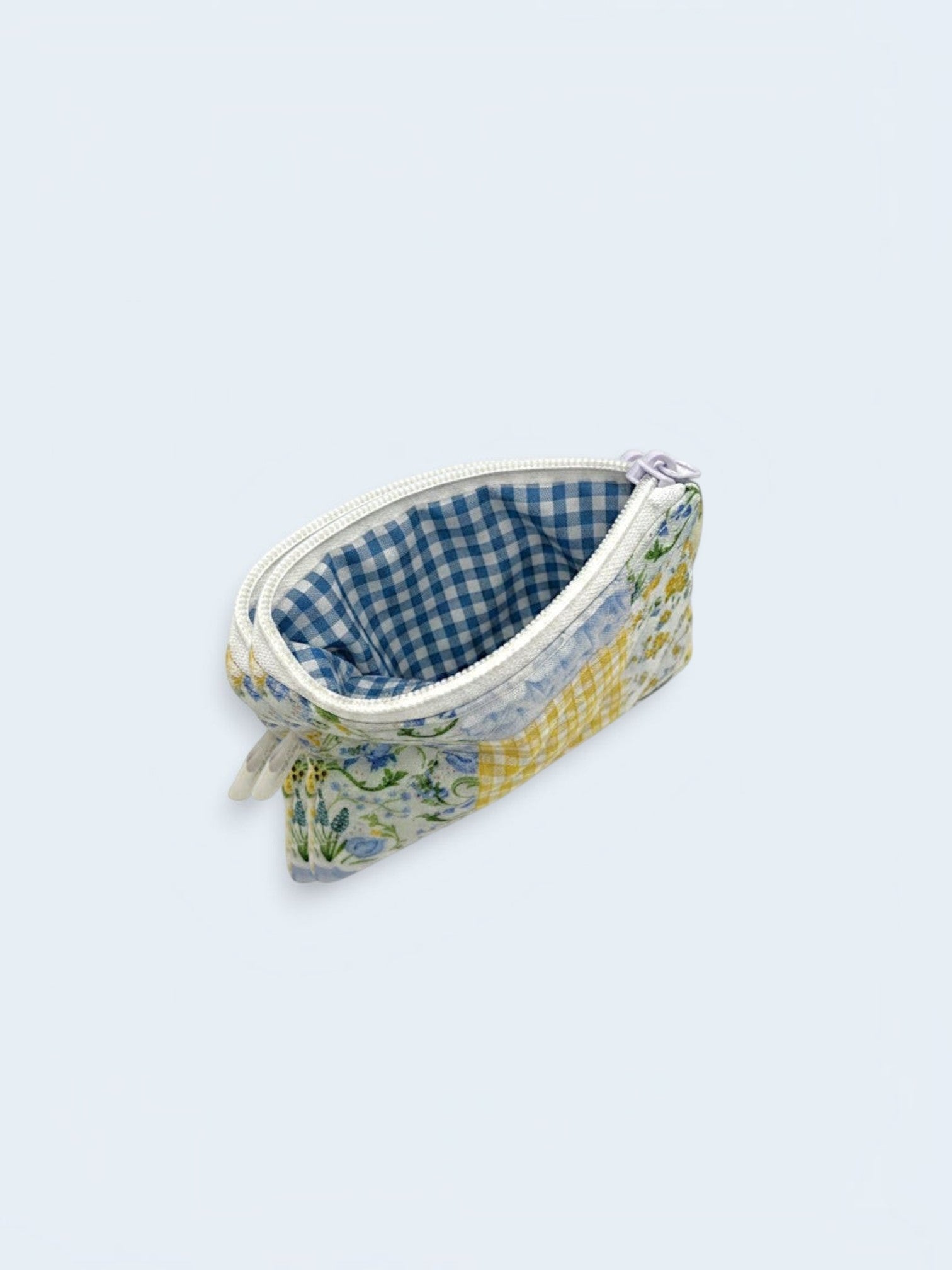 Patch of Spring quilted wallet, open, showing inside lining — handmade by The Cozy Daisy