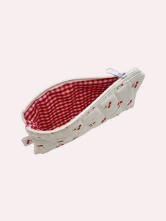Red Cherries pencil and glasses case, open, showing inside lining — handmade by The Cozy Daisy