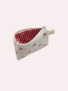 Red Cherries quilted wallet, open, showing inside lining — handmade by The Cozy Daisy