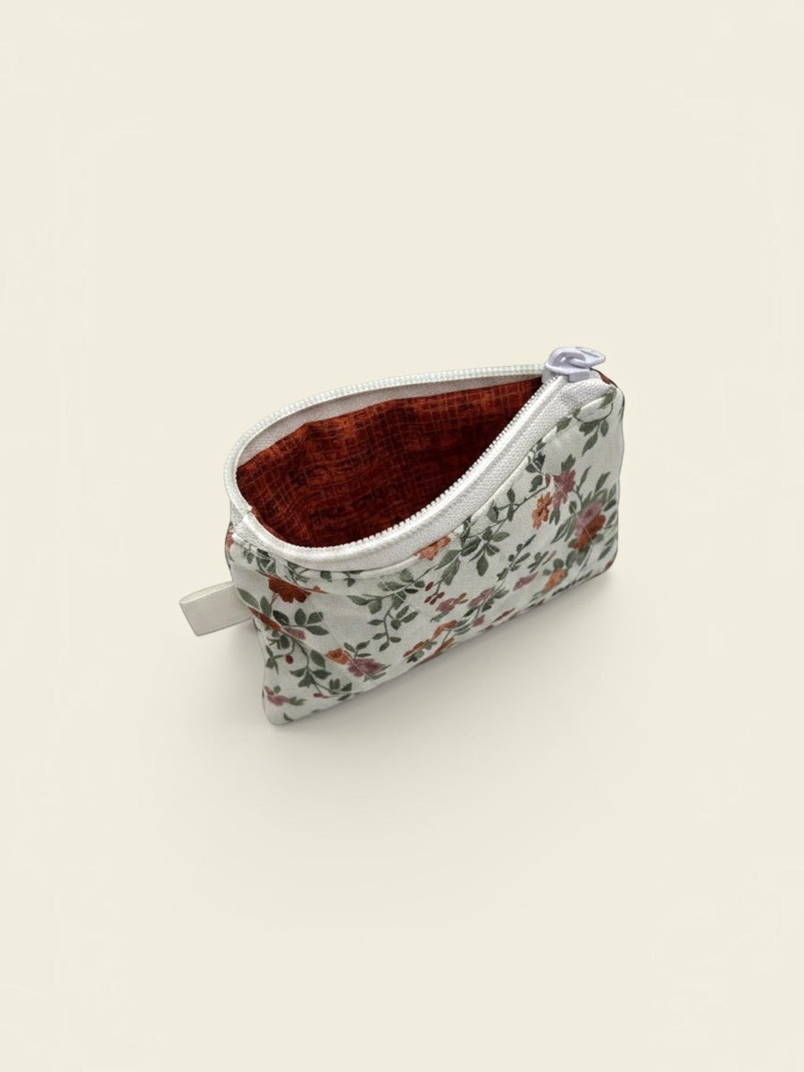 Autumn Garden quilted wallet, open, showing inside lining — handmade by The Cozy Daisy