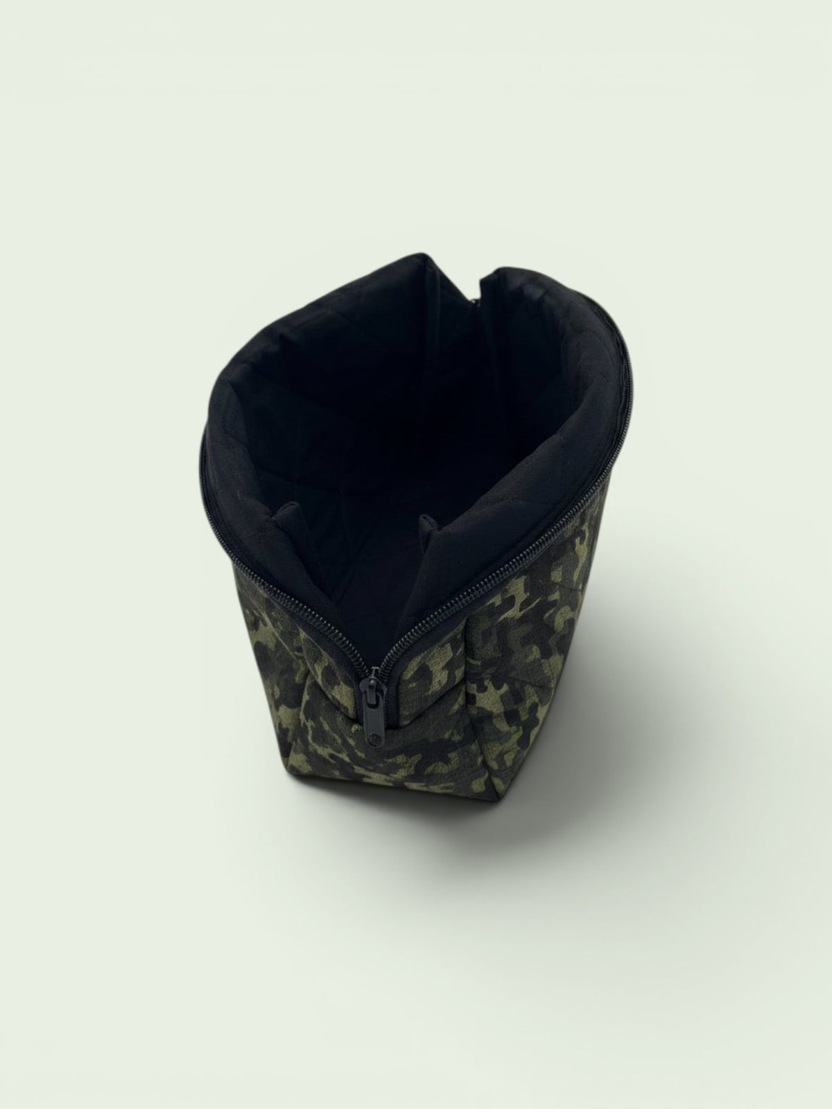 Camouflage Holland pouch, open and showing the roomy black interior lining — handmade by The Cozy Daisy