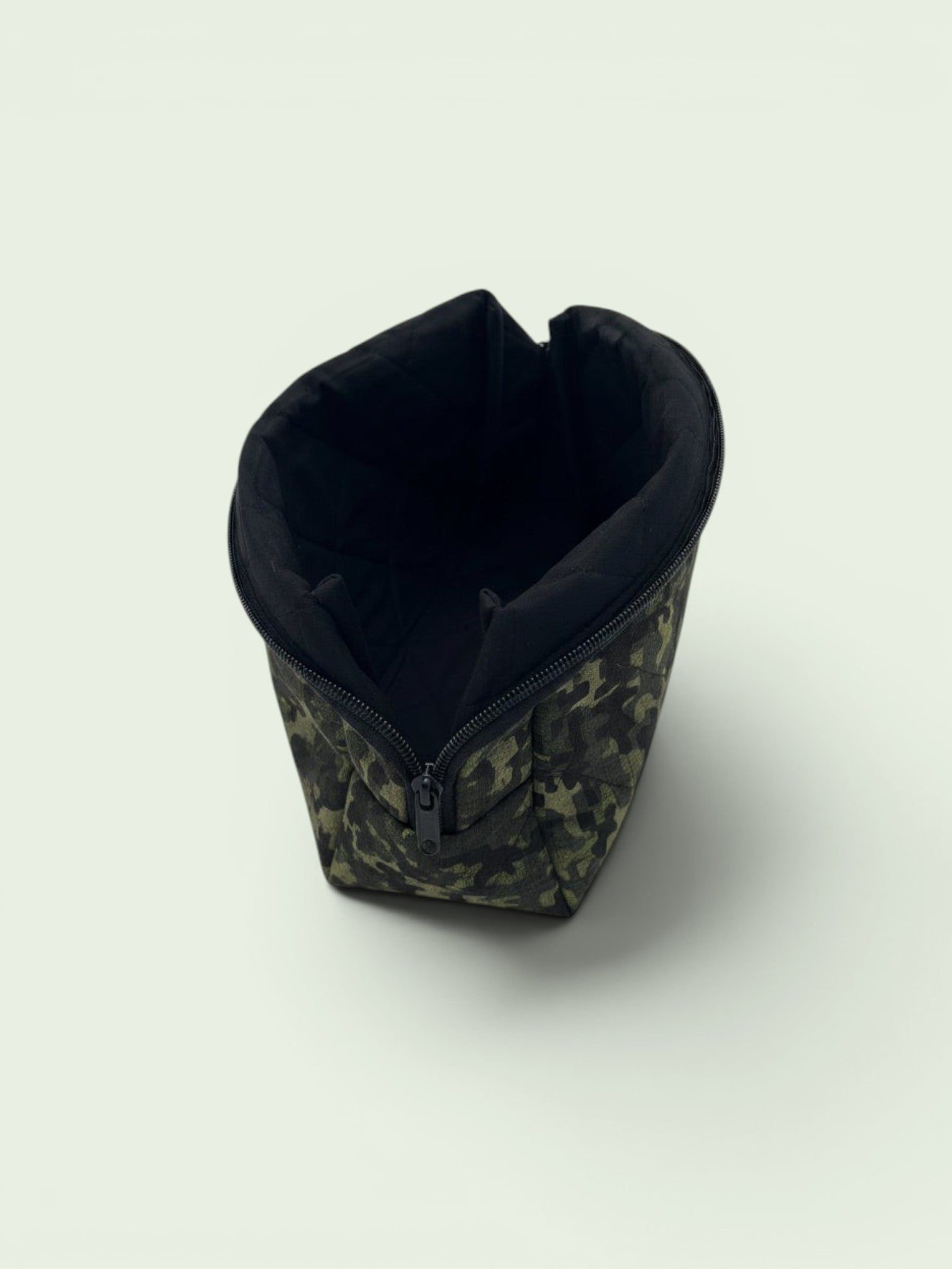 Camouflage Holland pouch, open and showing the roomy black interior lining — handmade by The Cozy Daisy