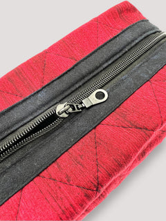 Distressed Ruby Holland pouch, close-up of the top zipper and quilted stitching — handmade by The Cozy Daisy