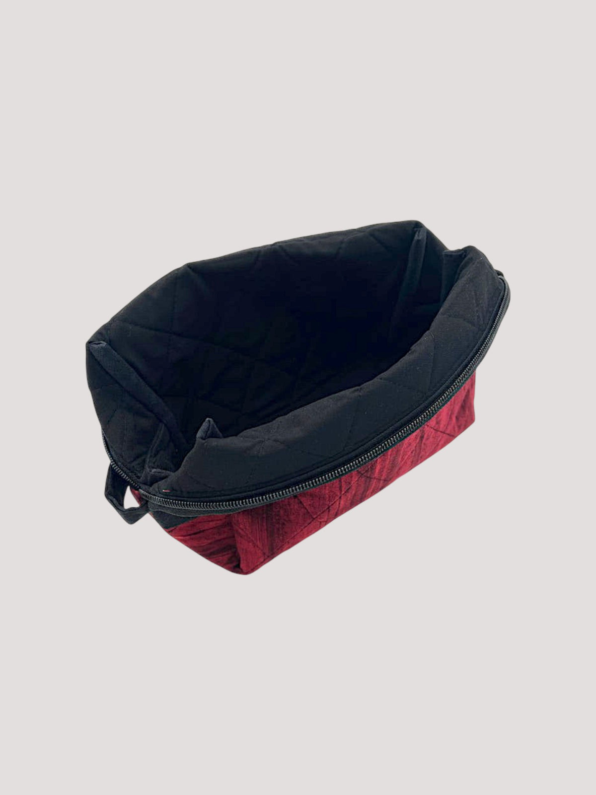 Distressed Ruby Holland pouch, open and showing the roomy black interior lining — handmade by The Cozy Daisy