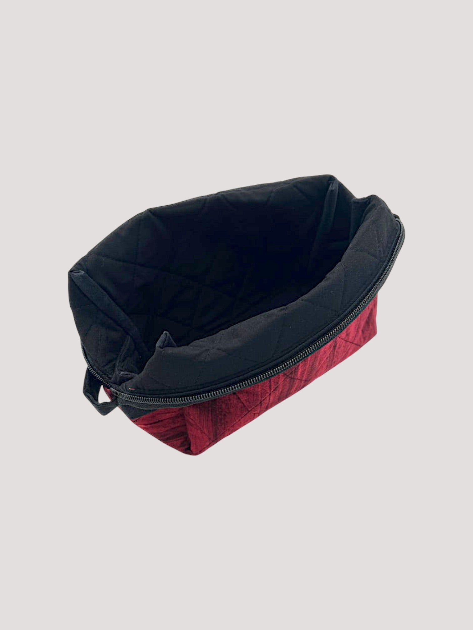 Distressed Ruby Holland pouch, open and showing the roomy black interior lining — handmade by The Cozy Daisy