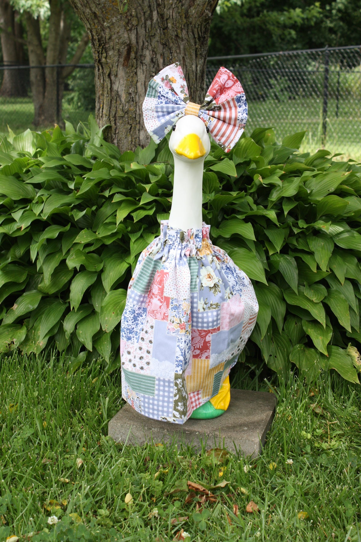 Color Patch Trio porch goose outfit, outside view — handmade by The Cozy Daisy