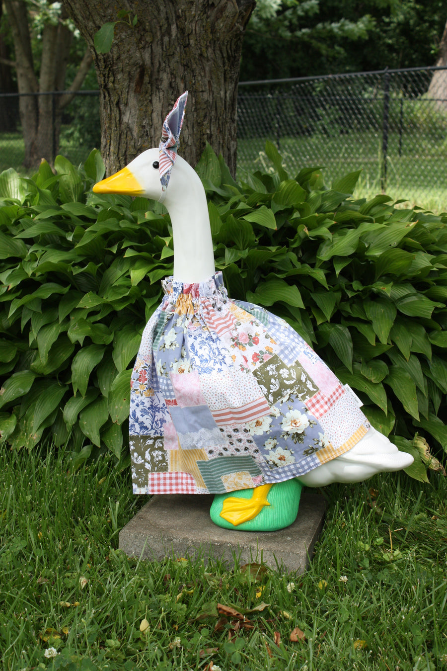 Color Patch Trio porch goose outfit, side view — handmade by The Cozy Daisy