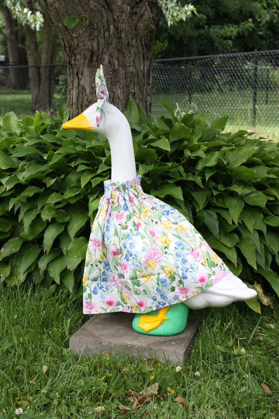 Easter Floral porch goose outfit, side view — handmade by The Cozy Daisy