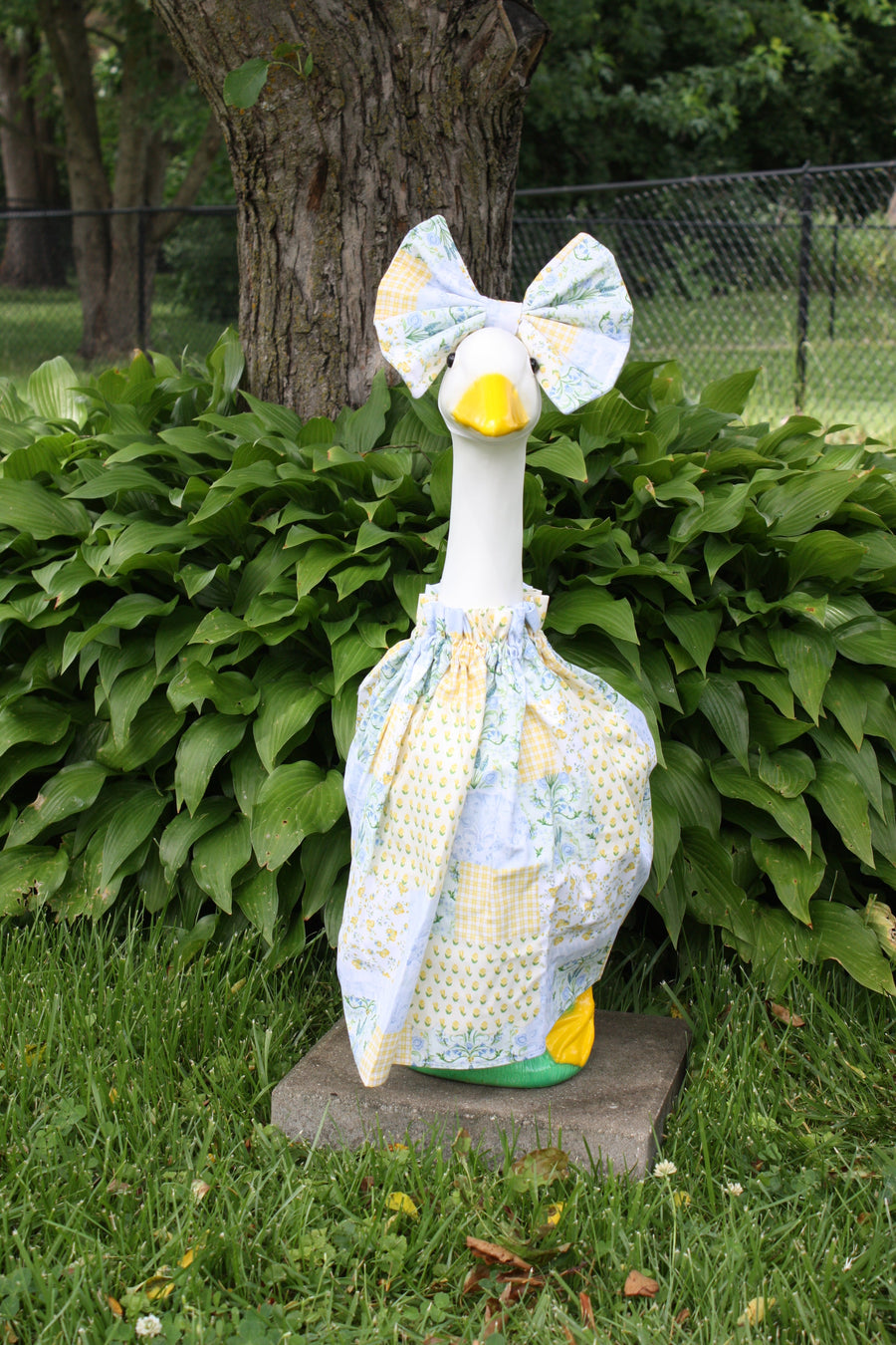 Patch of Spring porch goose outfit, outside view — handmade by The Cozy Daisy