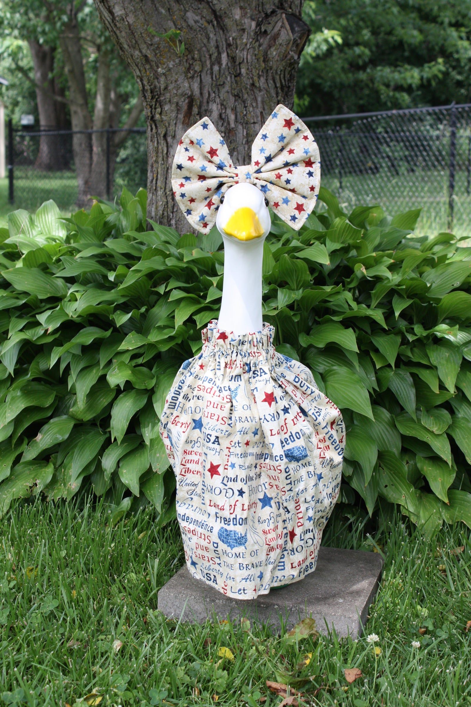 Patriotic Words porch goose outfit, outside view — handmade by The Cozy Daisy