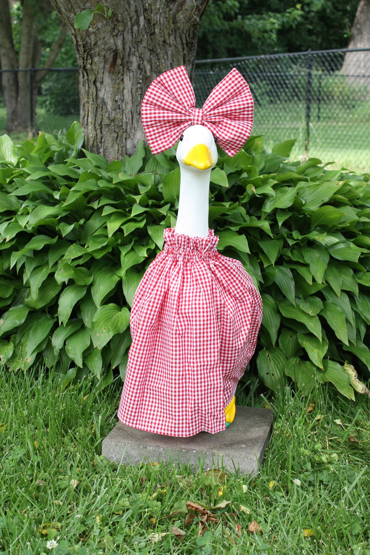 Red Gingham porch goose outfit, outside view — handmade by The Cozy Daisy