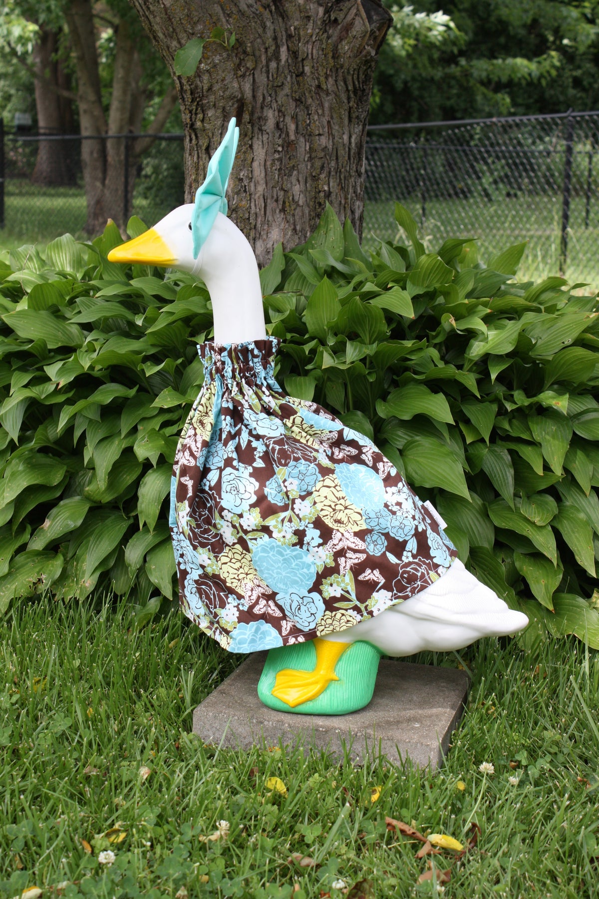 Blue & Yellow Floral porch goose outfit, side view — handmade by The Cozy Daisy