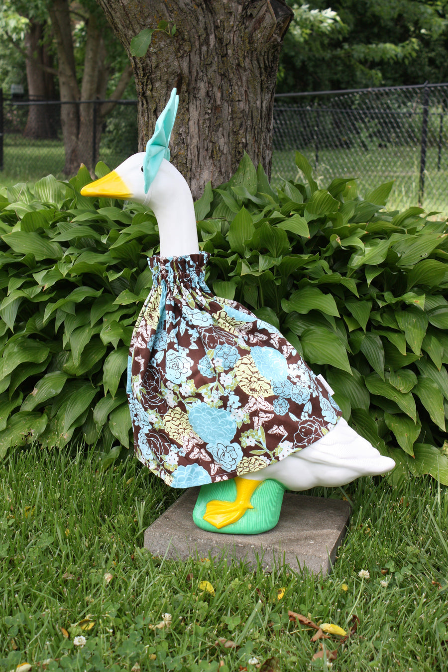 Blue & Yellow Floral porch goose outfit, side view — handmade by The Cozy Daisy