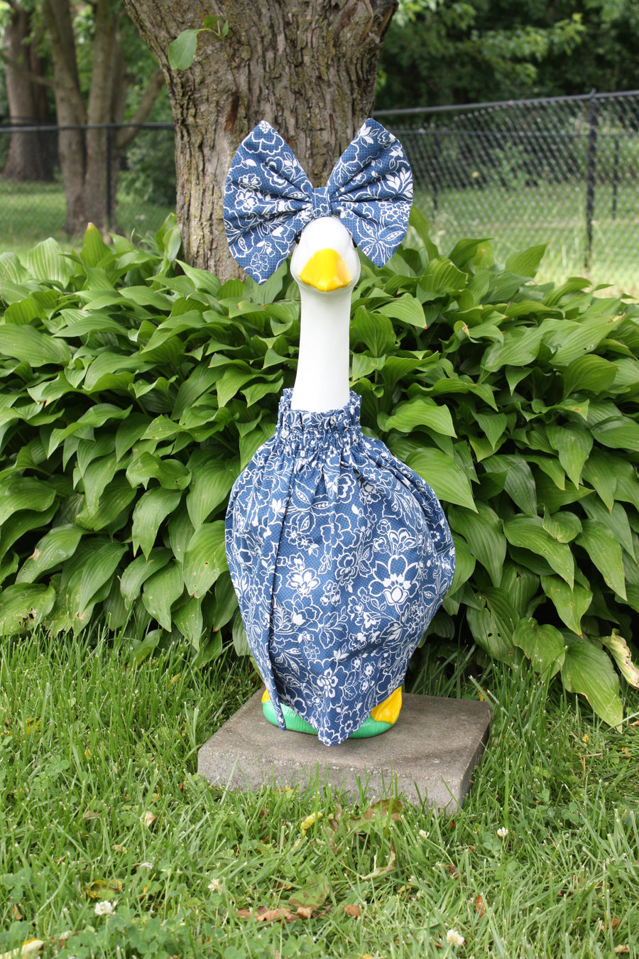 Blue & White Floral porch goose outfit, outside view — handmade by The Cozy Daisy