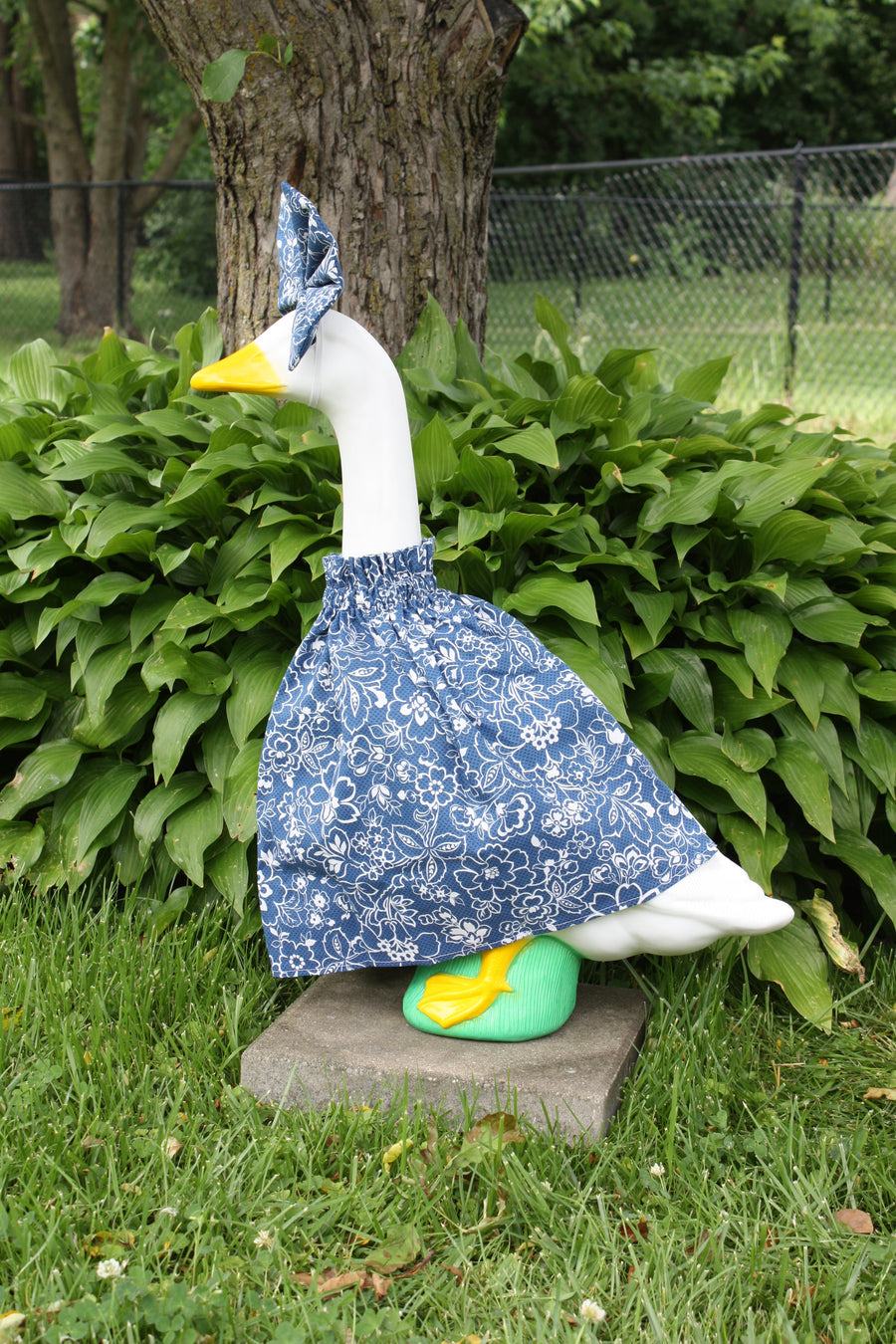 Blue & White Floral porch goose outfit, side view — handmade by The Cozy Daisy
