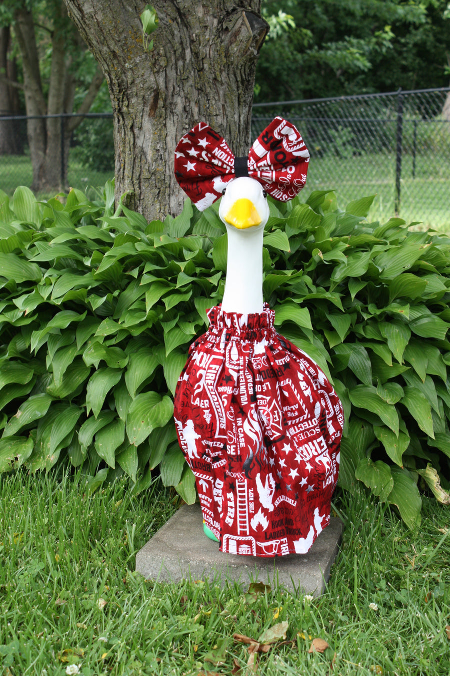 Firefighter porch goose outfit, outside view — handmade by The Cozy Daisy