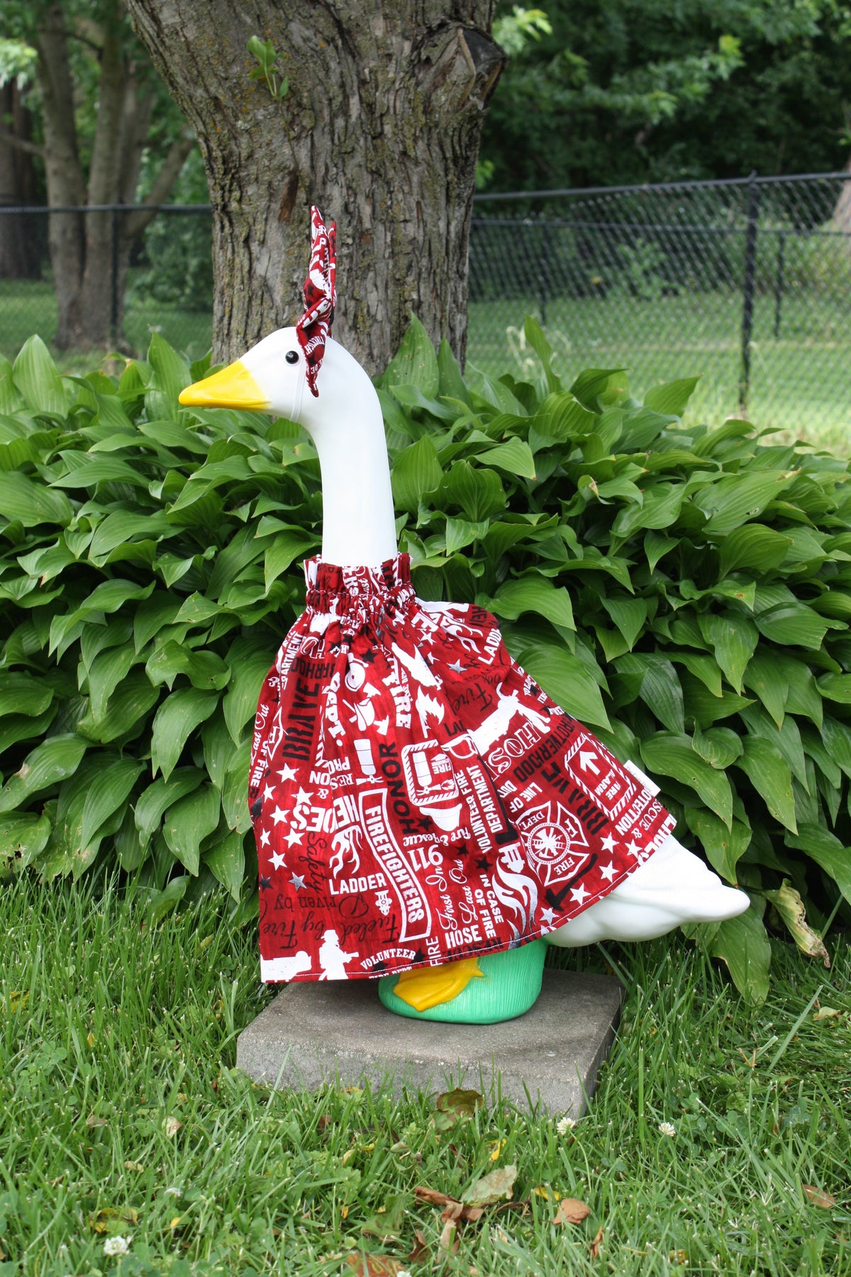 Firefighter porch goose outfit, side view — handmade by The Cozy Daisy
