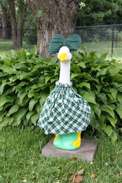 Green Plaid porch goose outfit, outside view — handmade by The Cozy Daisy