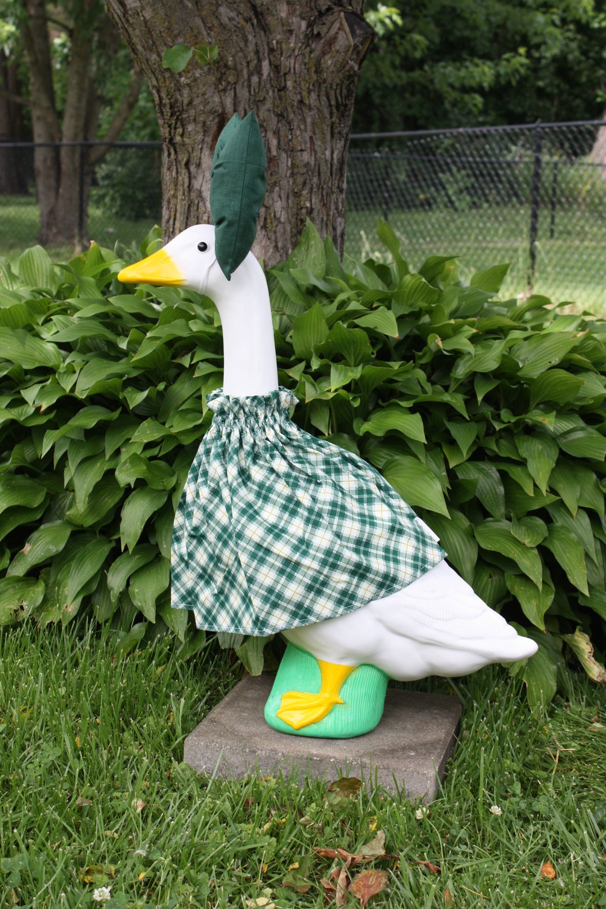 Green Plaid porch goose outfit, side view — handmade by The Cozy Daisy