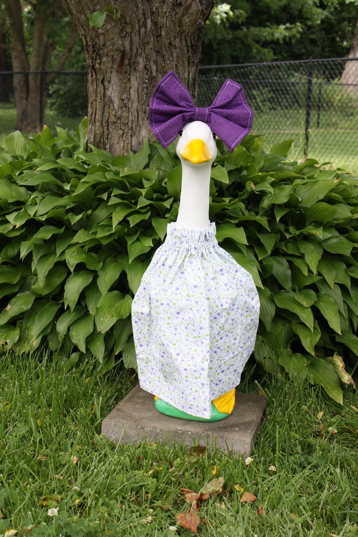 Lavender Trails porch goose outfit, outside view — handmade by The Cozy Daisy