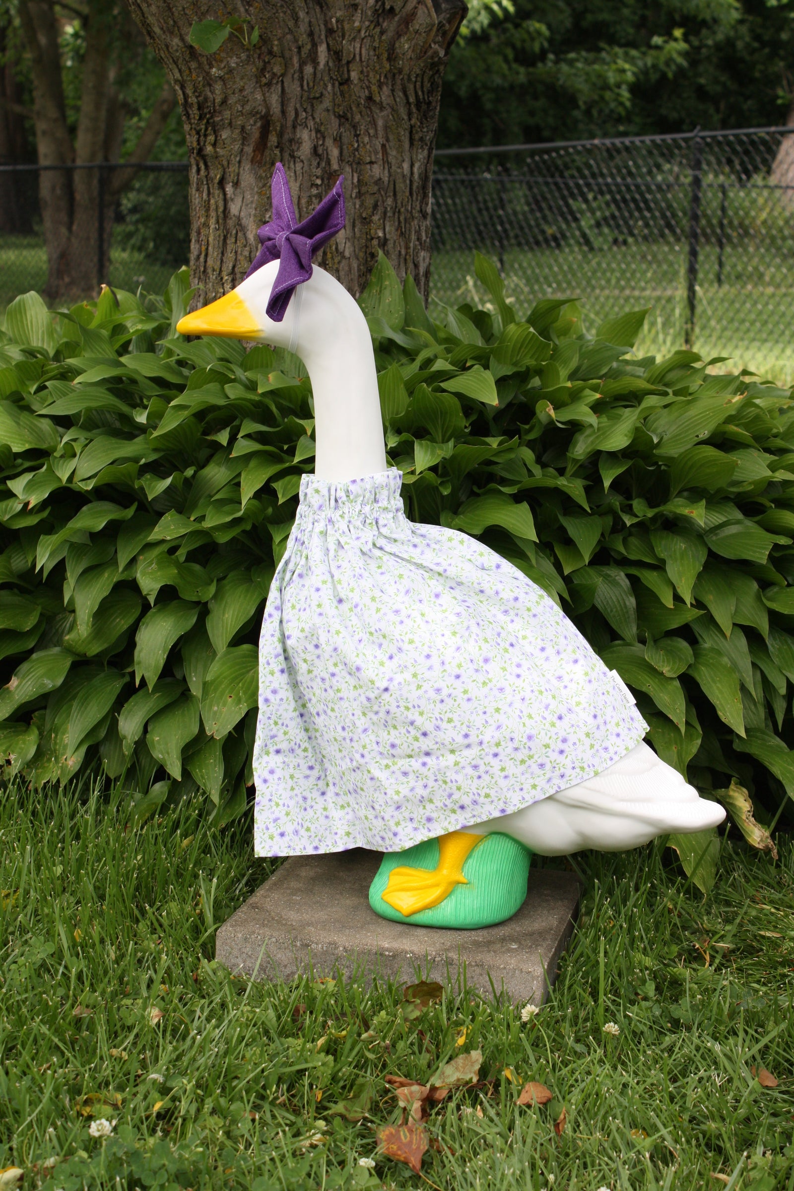 Lavender Trails porch goose outfit, side view — handmade by The Cozy Daisy