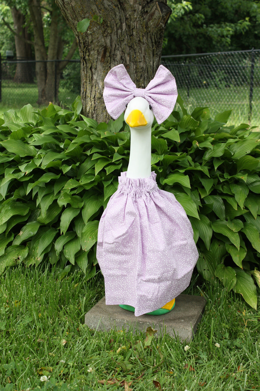 Lavender & White Polka Dots porch goose outfit, outside view — handmade by The Cozy Daisy