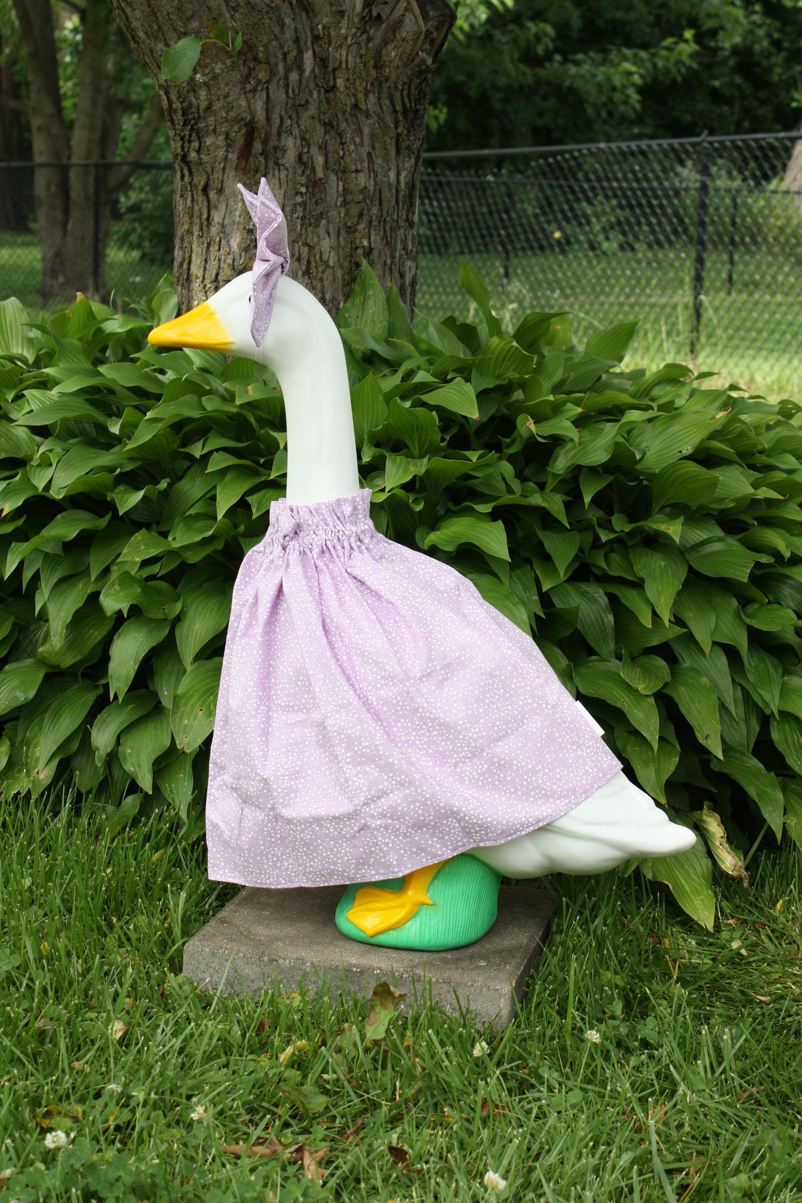 Lavender & White Polka Dots porch goose outfit, side view — handmade by The Cozy Daisy