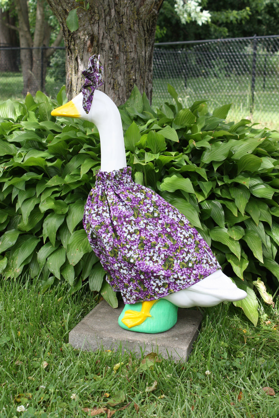 Lilac porch goose outfit, side view — handmade by The Cozy Daisy
