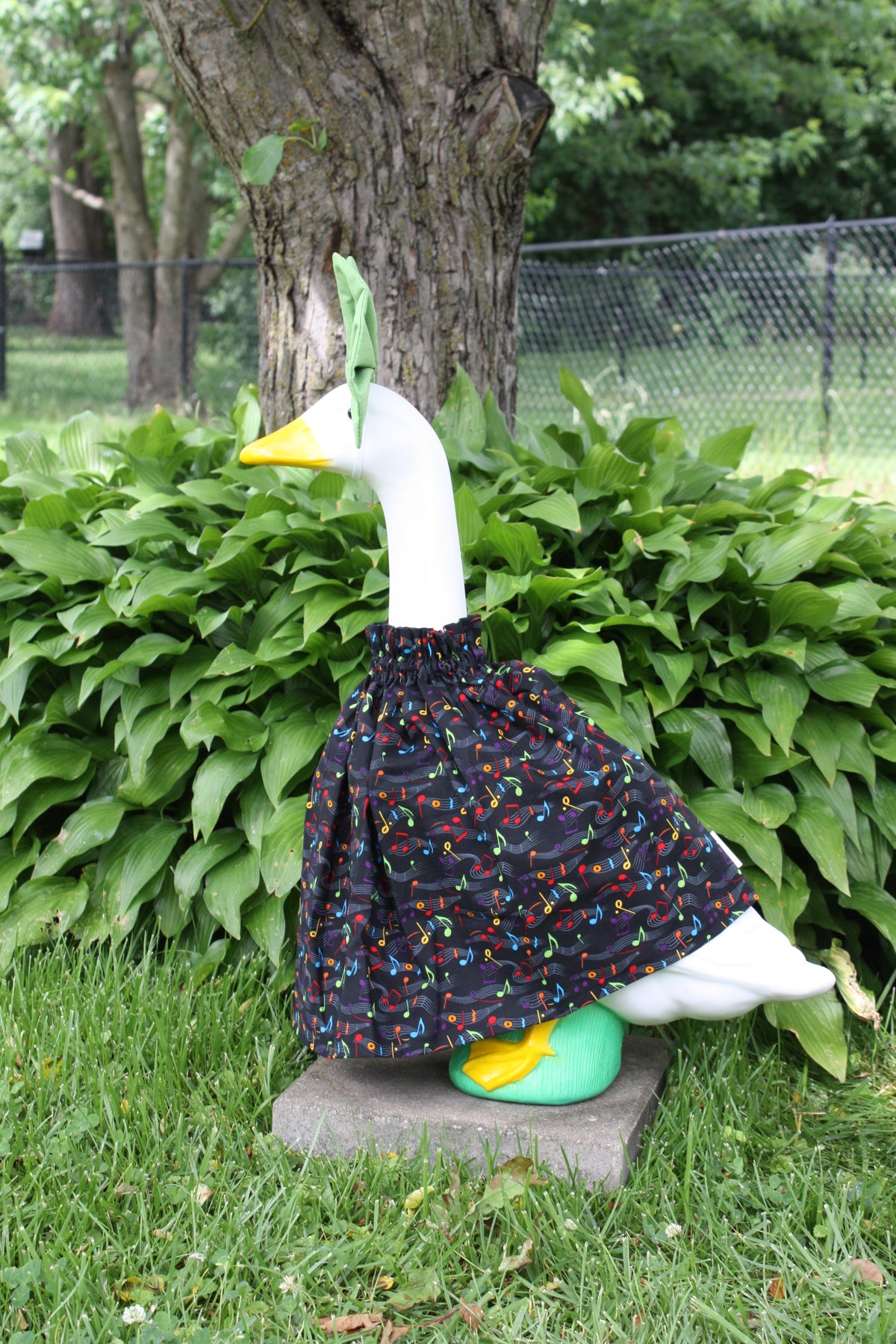 Musical Notes porch goose outfit, side view — handmade by The Cozy Daisy